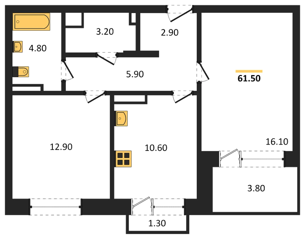 Планировка: 2-комн., 61,5 м²