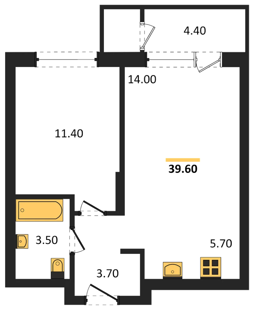 Планировка: 1-комн., 39,6 м²