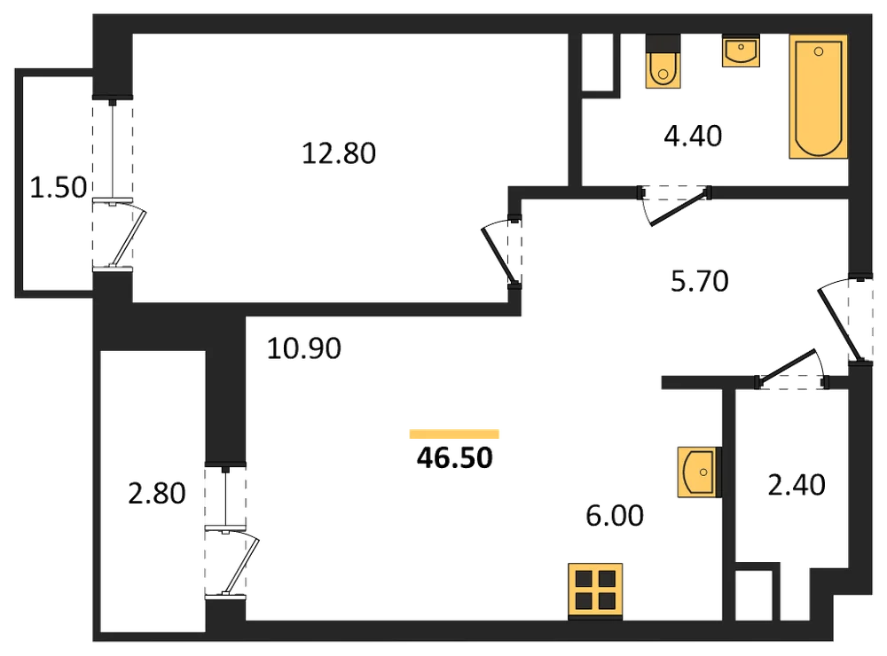 Планировка: 1-комн., 46,5 м²