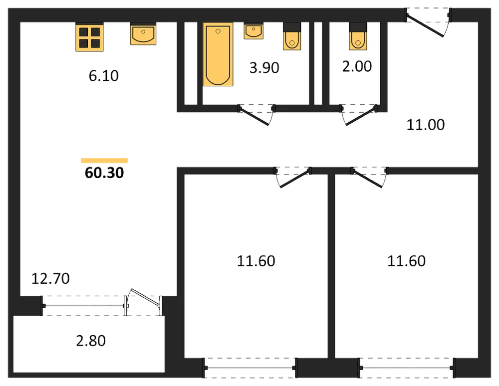 Планировка: 2-комн., 60,3 м²