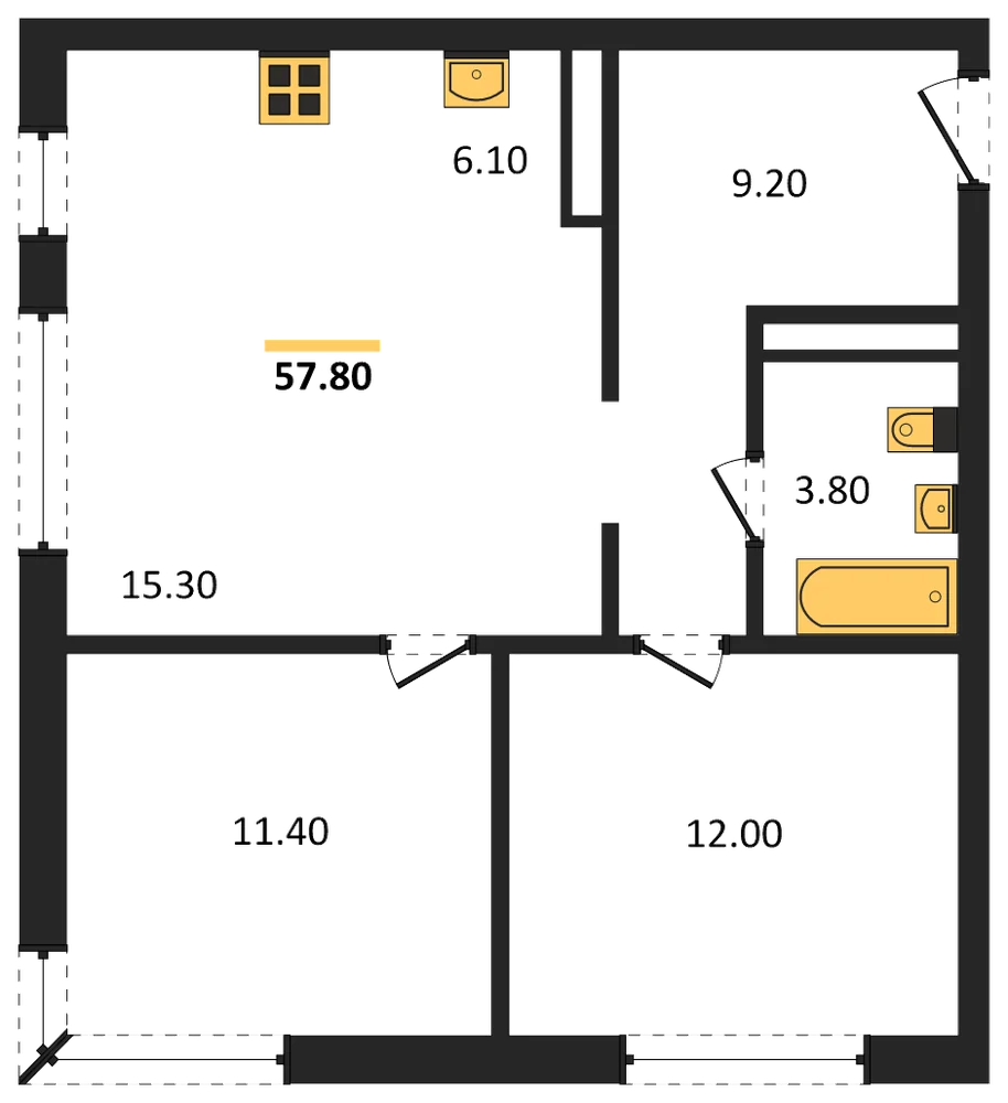 Планировка: 2-комн., 57,8 м²