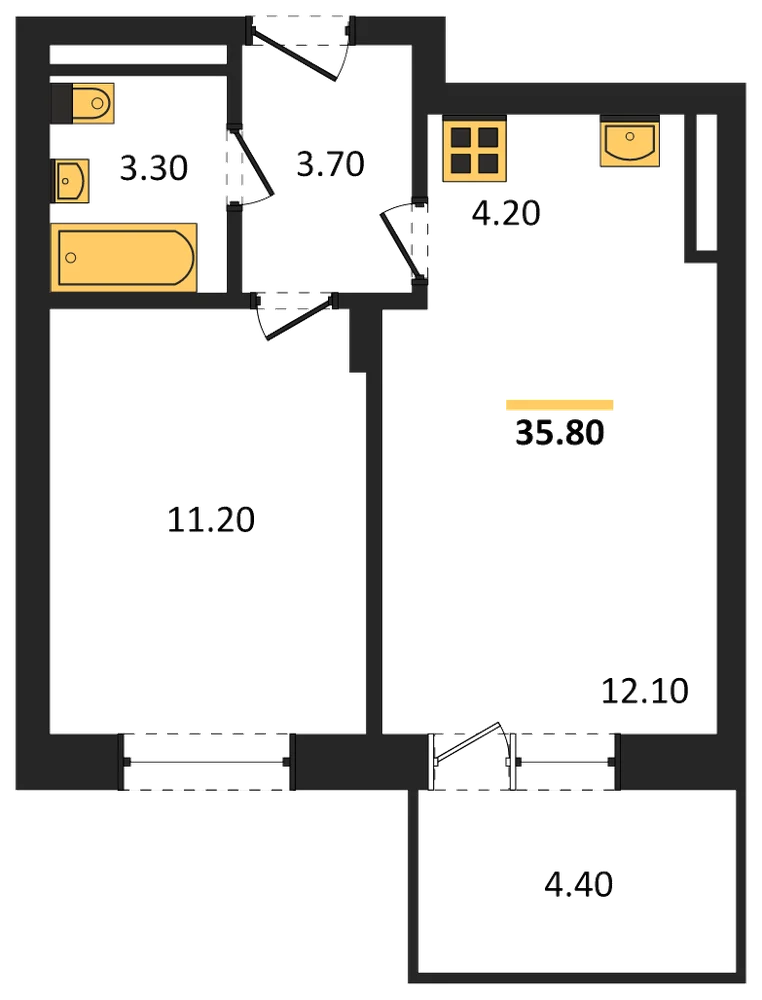 Планировка: 1-комн., 35,8 м²