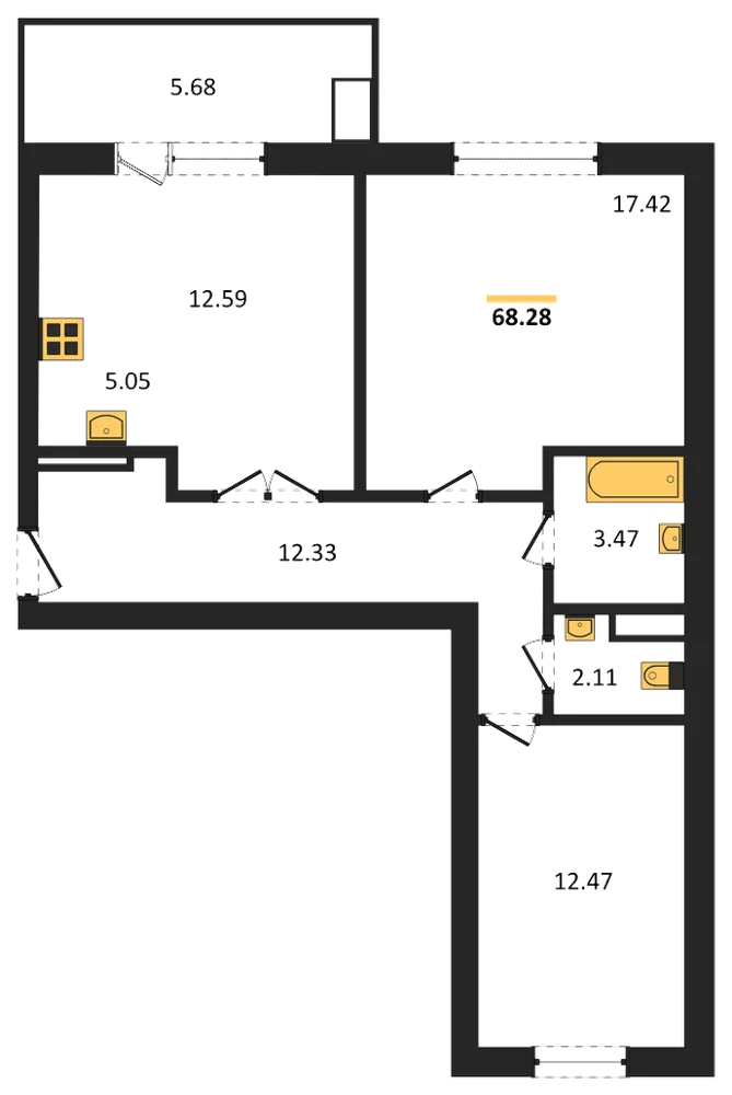 Планировка: 2-комн., 68,3 м²