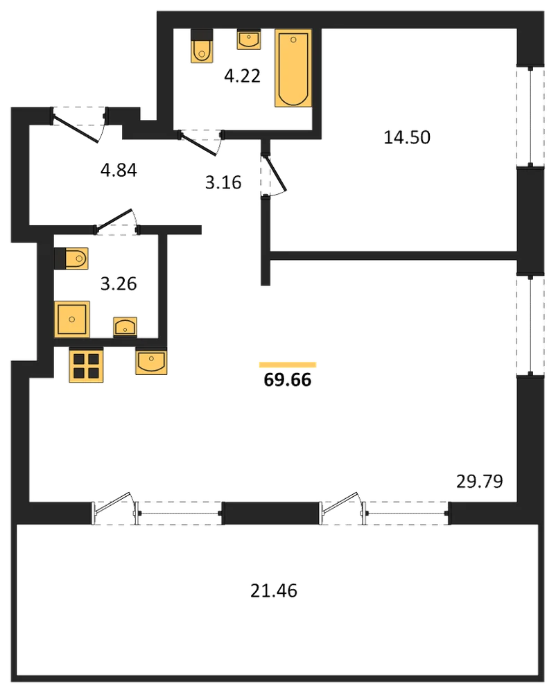 Планировка: 1-комн., 69,4 м²