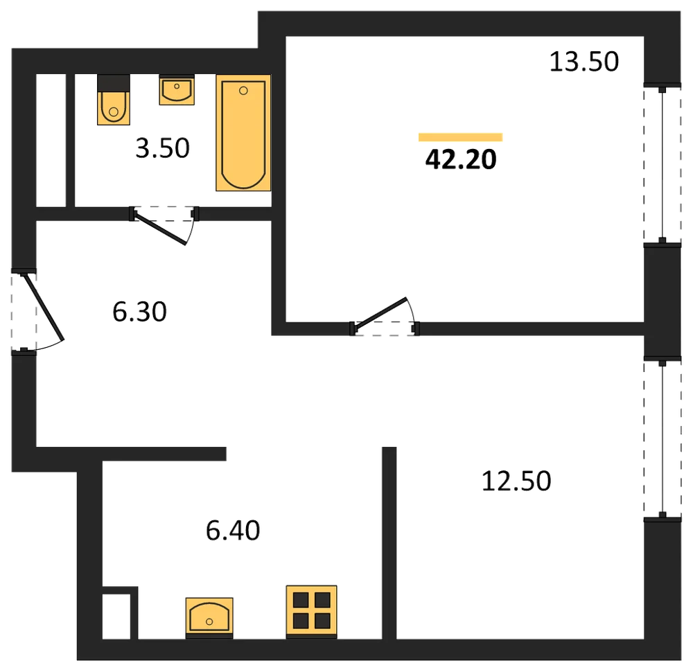 Планировка: 1-комн., 42,2 м²