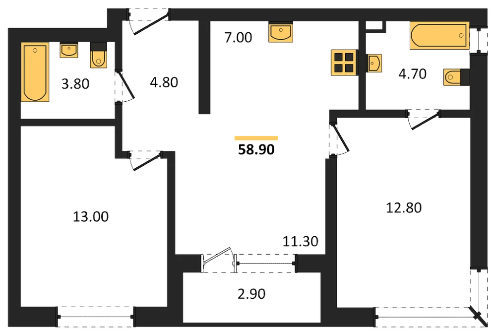 Планировка: 2-комн., 58,9 м²
