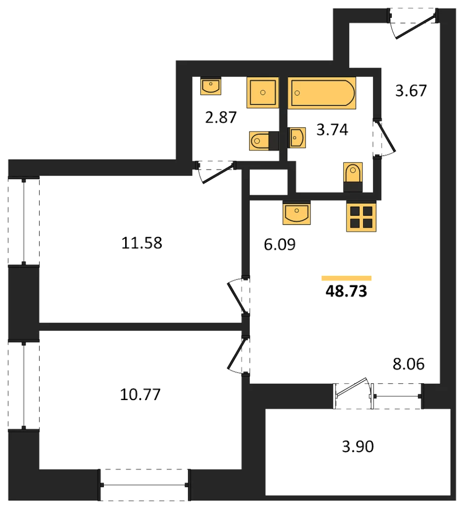 Планировка: 2-комн., 48,7 м²