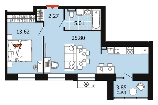 Планировка: 1-комн., 48,6 м²