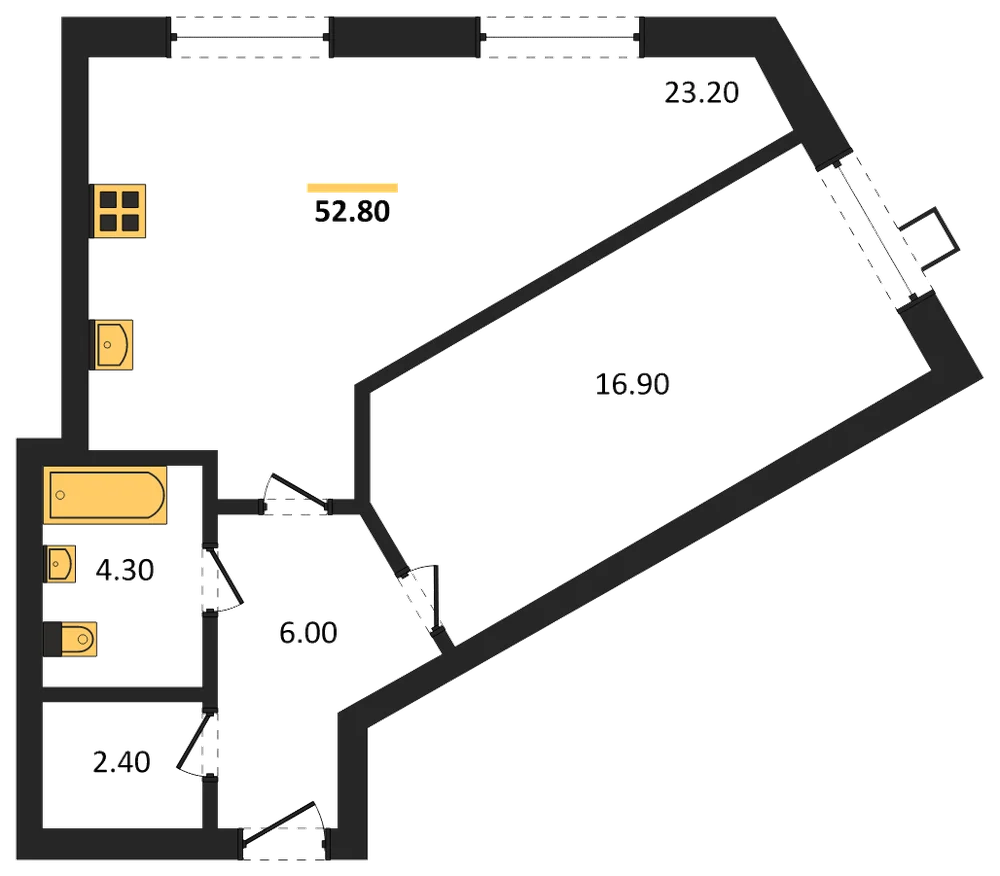 Планировка: 1-комн., 52,8 м²