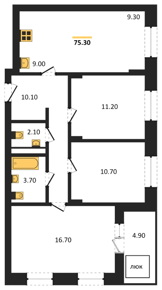 Планировка: 3-комн., 75,3 м²