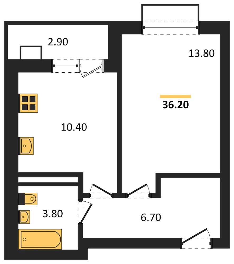Планировка: 1-комн., 36,2 м²