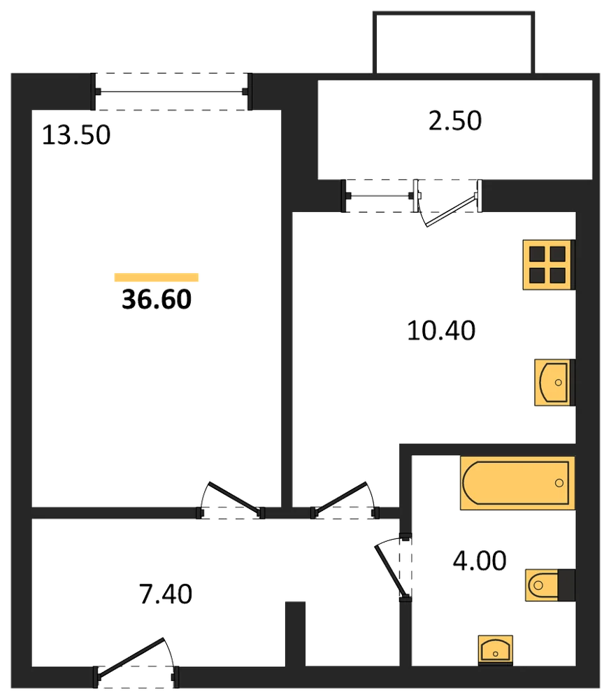 Планировка: 1-комн., 36,6 м²