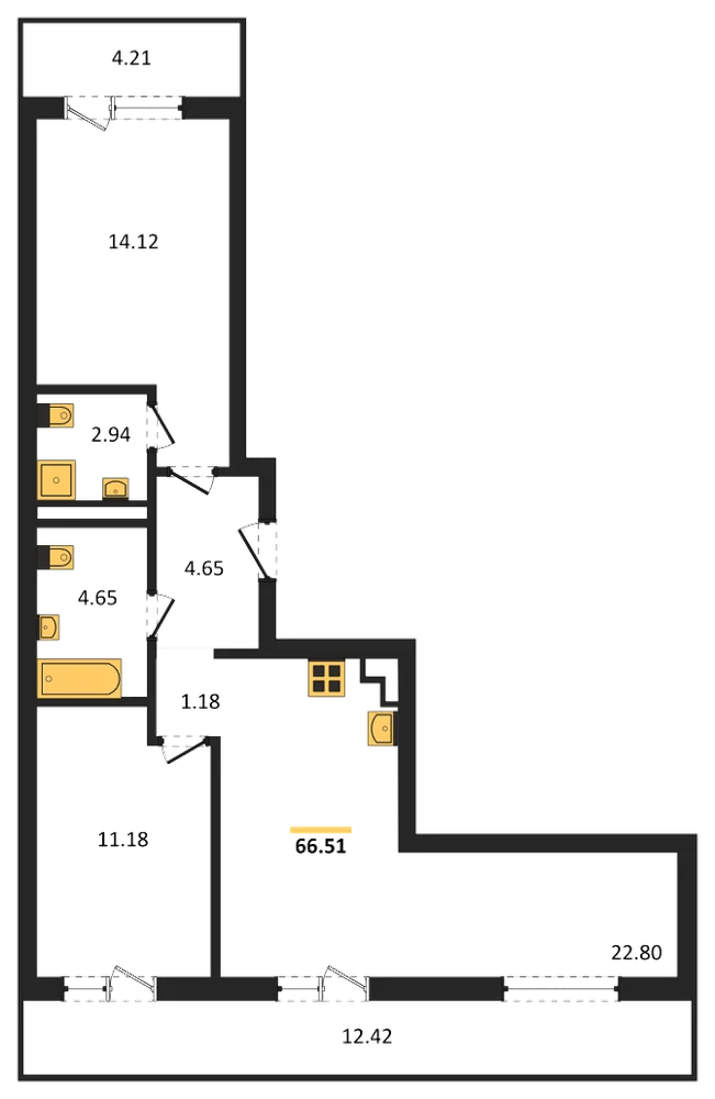 Планировка: 2-комн., 66,2 м²