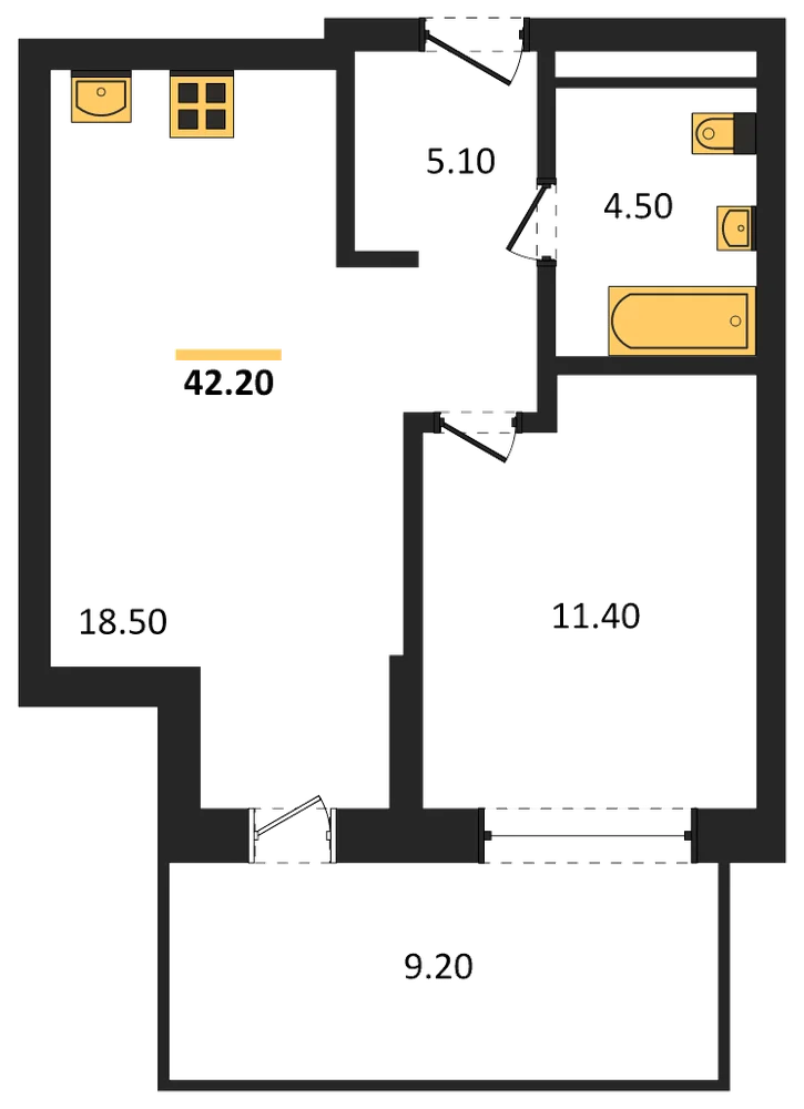 Планировка: 1-комн., 42,2 м²