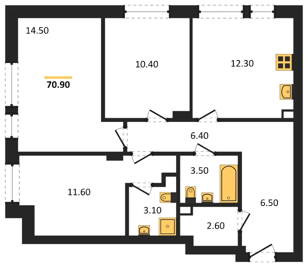 Планировка: 3-комн., 70,9 м²