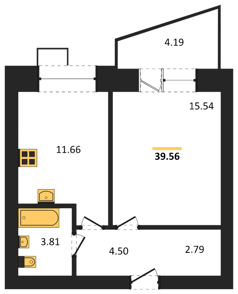 Планировка: 1-комн., 39,5 м²