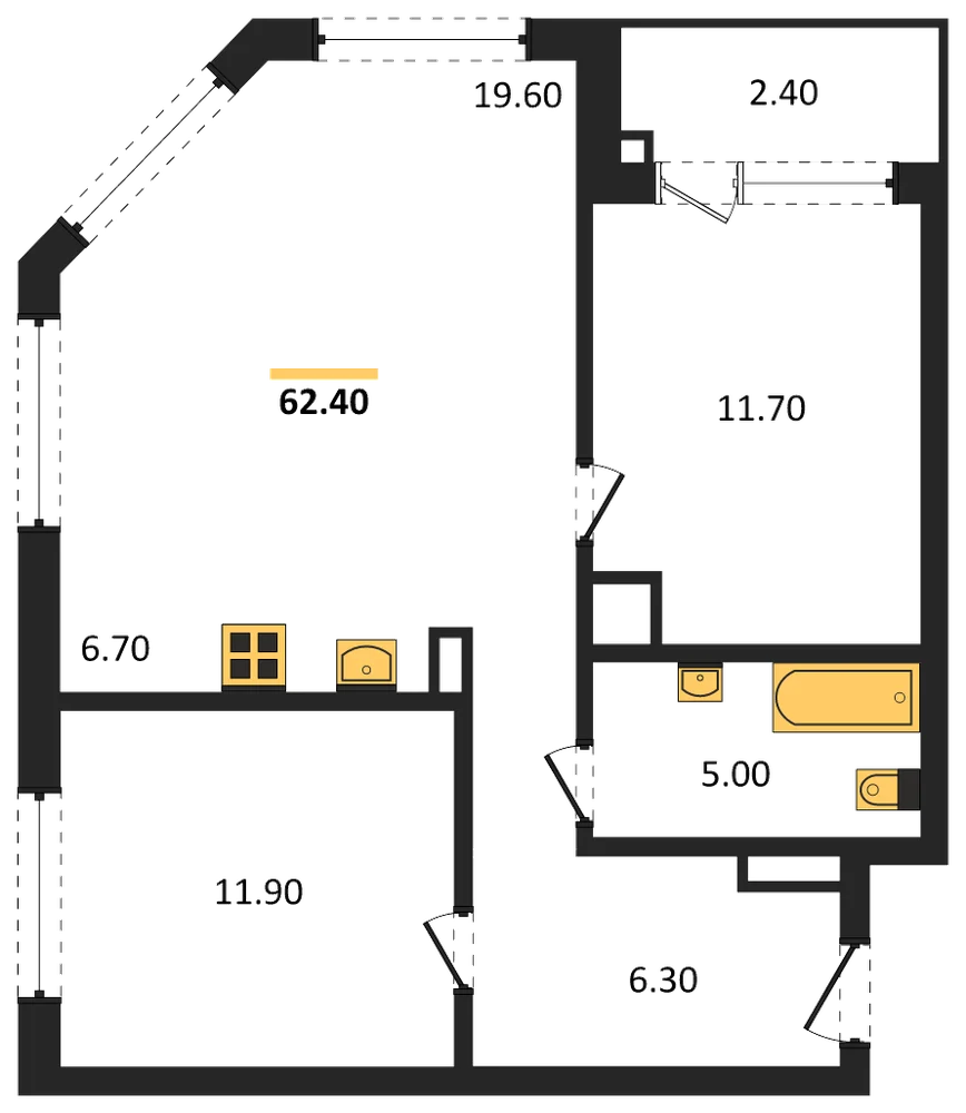 Планировка: 2-комн., 62,4 м²