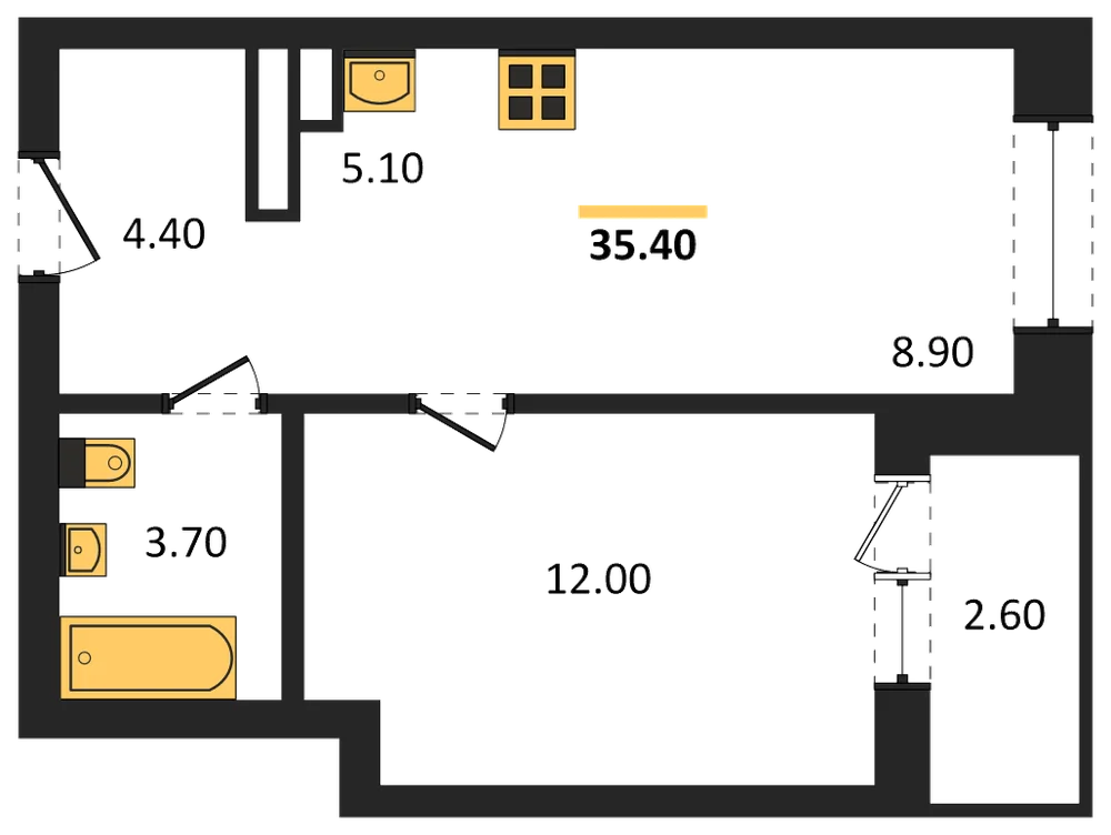 Планировка: 1-комн., 35,4 м²