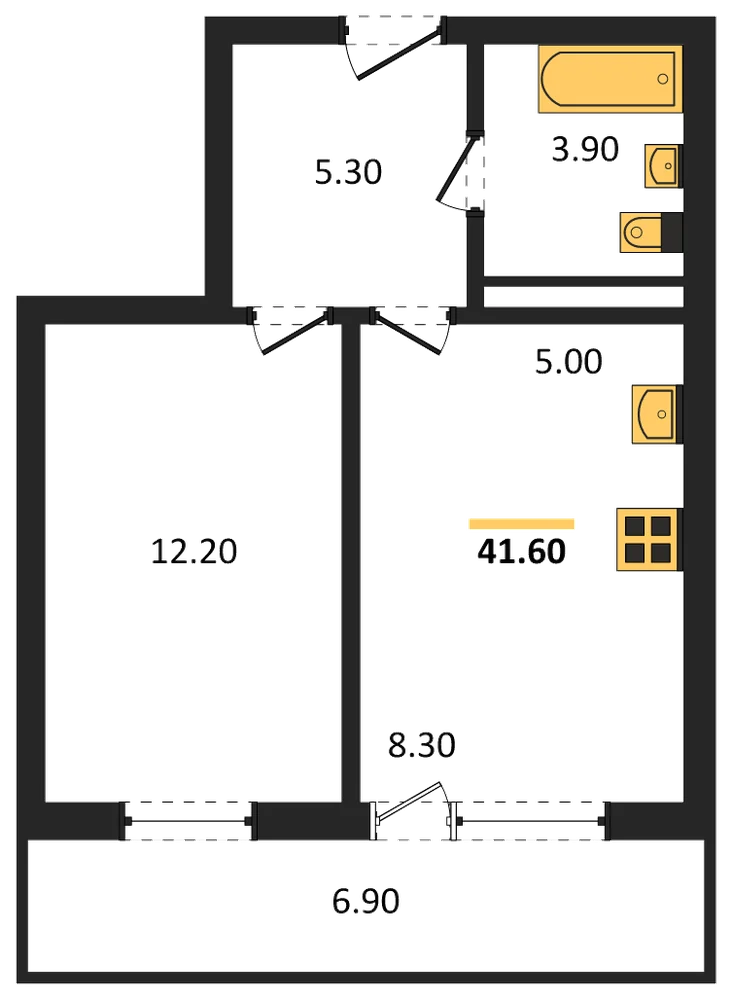 Планировка: 1-комн., 41,6 м²