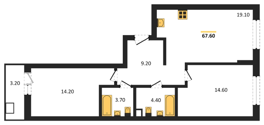 Планировка: 2-комн., 67,6 м²