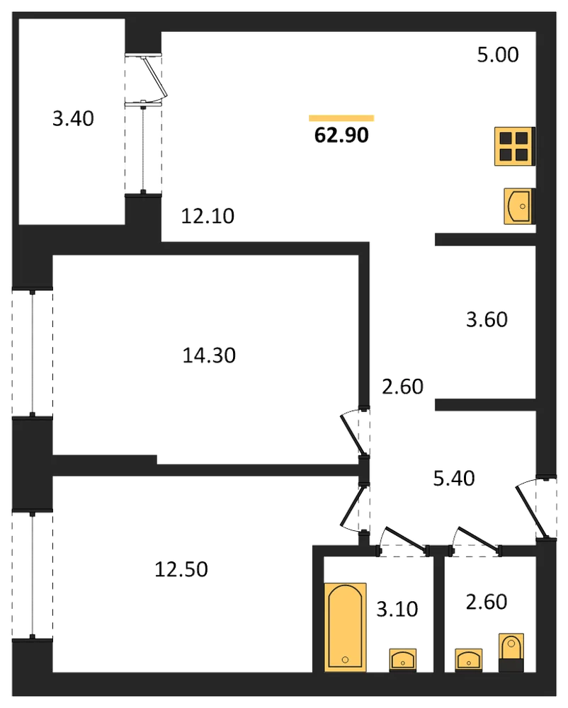Планировка: 3-комн., 62,9 м²