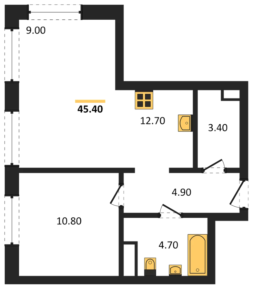 Планировка: 1-комн., 45,5 м²