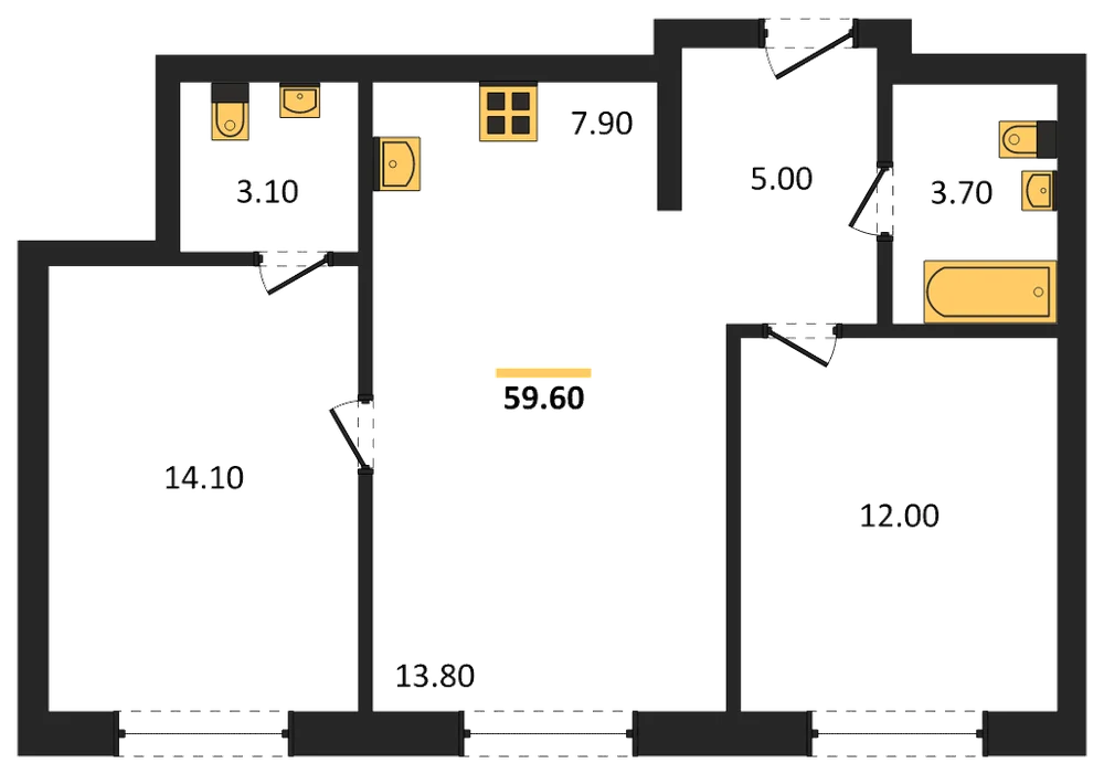 Планировка: 2-комн., 59,6 м²