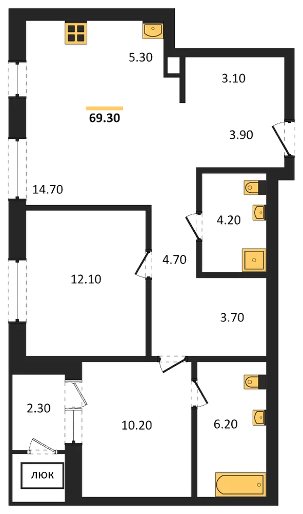 Планировка: 3-комн., 69,3 м²