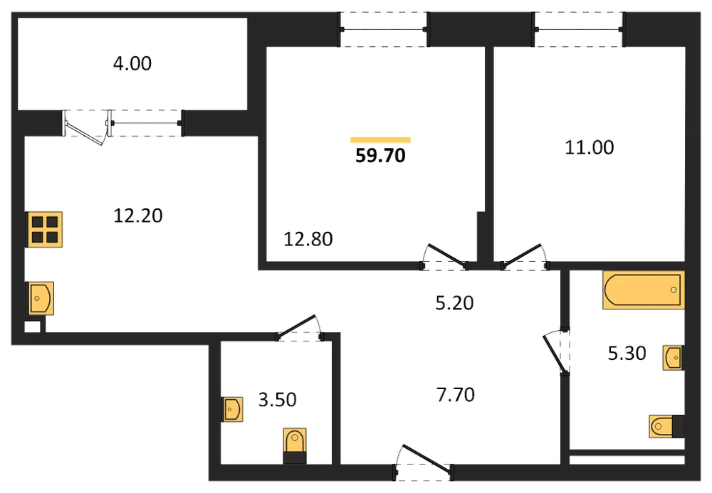 Планировка: 2-комн., 59,7 м²