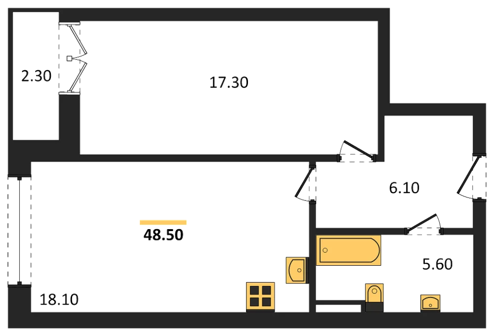 Планировка: 1-комн., 48,2 м²
