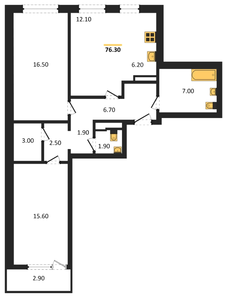 Планировка: 2-комн., 76,3 м²