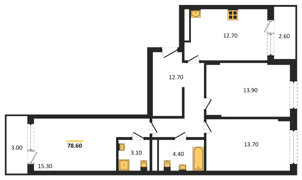 Планировка: 3-комн., 78,6 м²