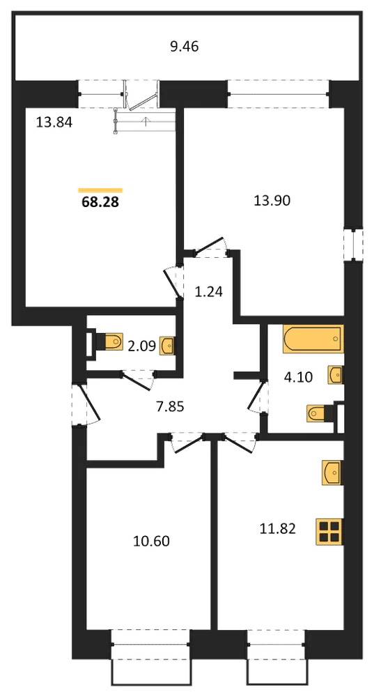 Планировка: 3-комн., 68,3 м²