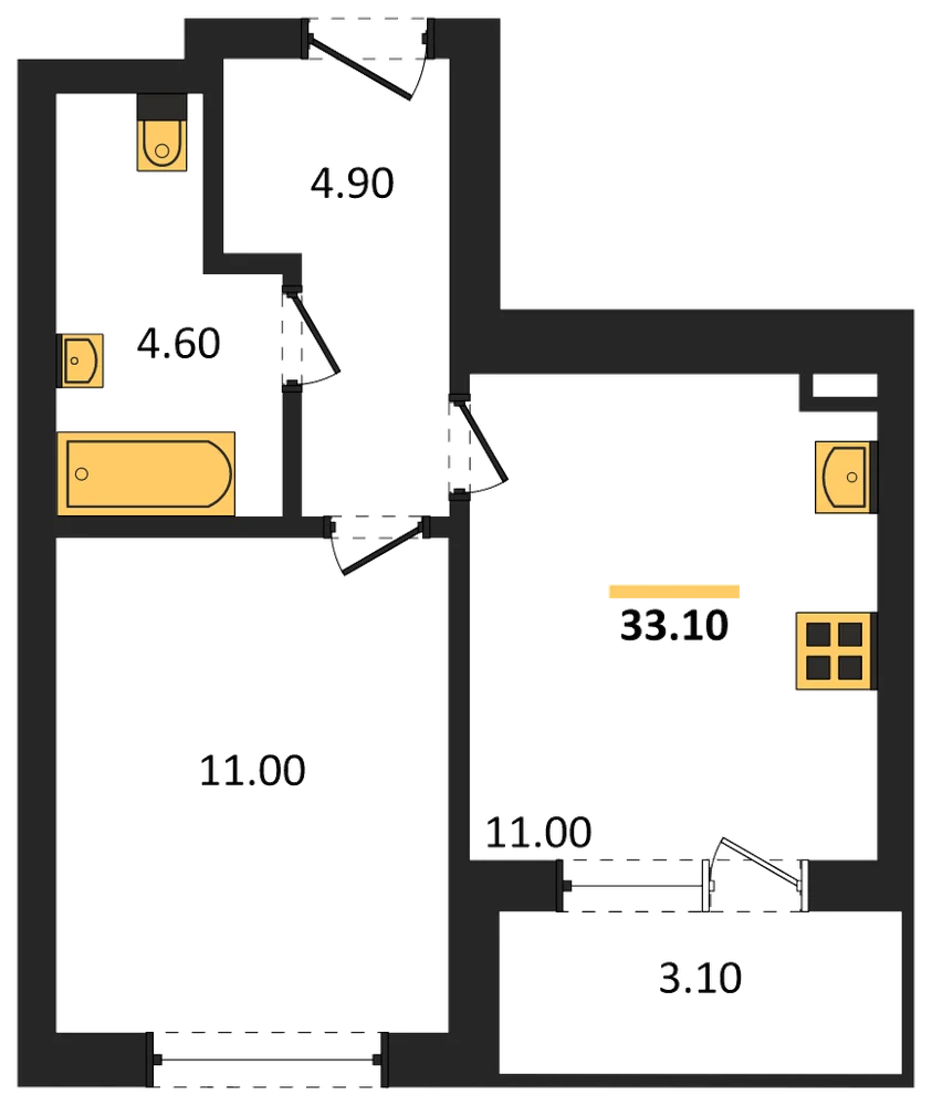Планировка: 1-комн., 33 м²