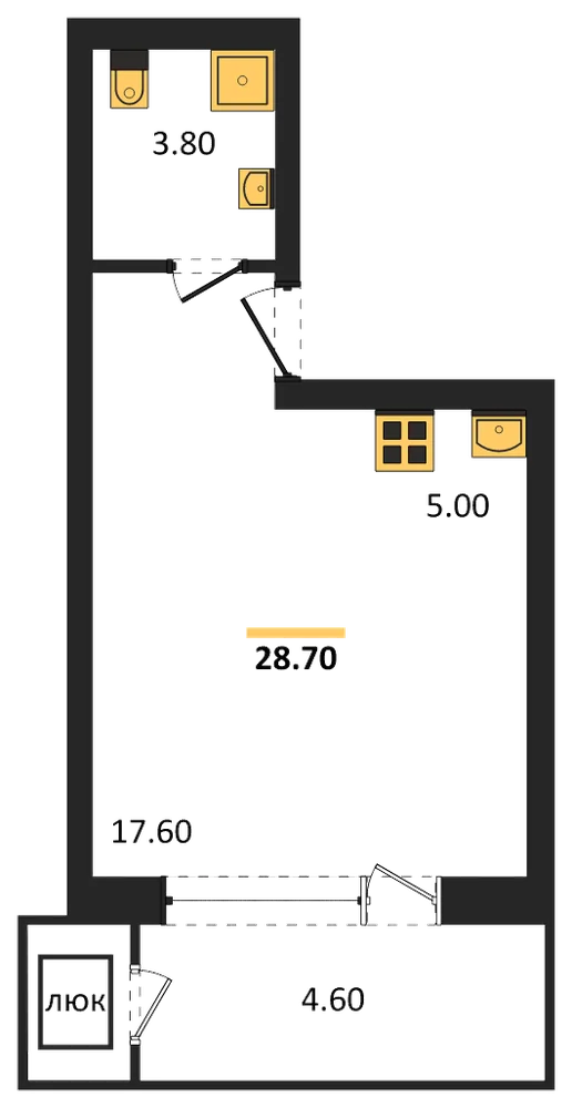 Планировка: 1-комн., 28,7 м²