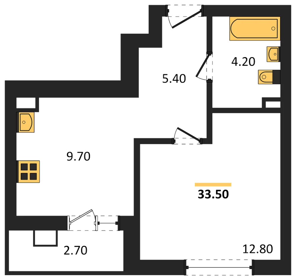 Планировка: 1-комн., 33,5 м²