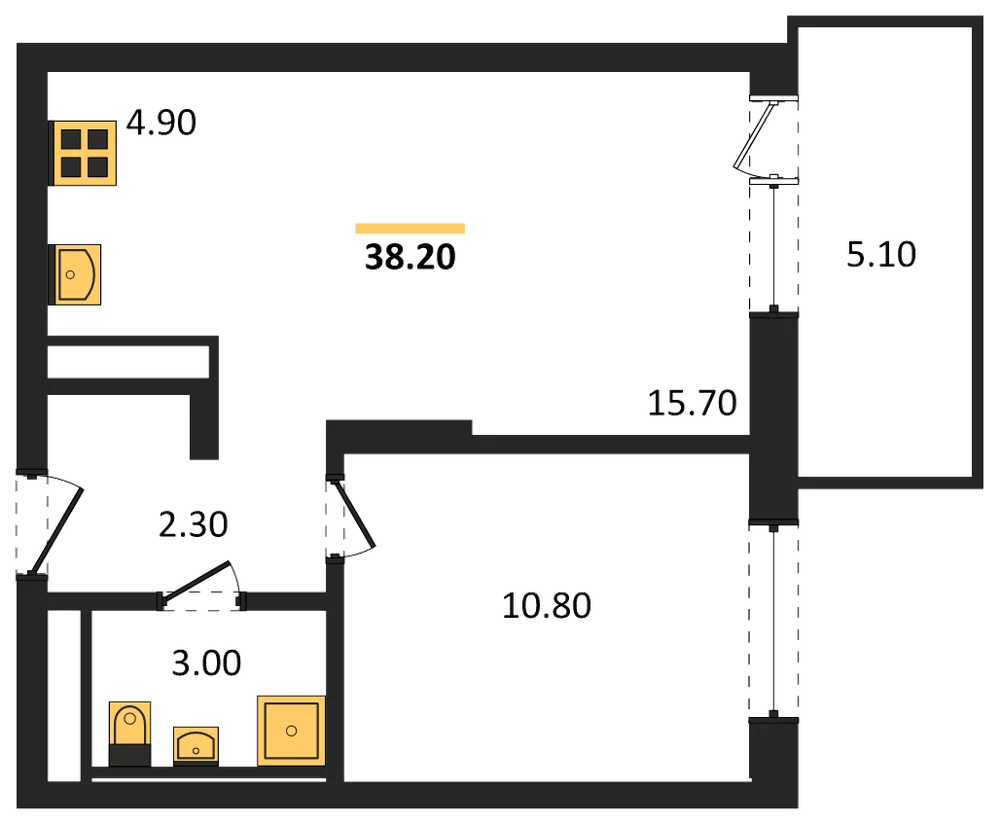 Планировка: 1-комн., 38,2 м²