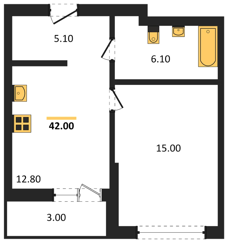 Планировка: 1-комн., 42 м²