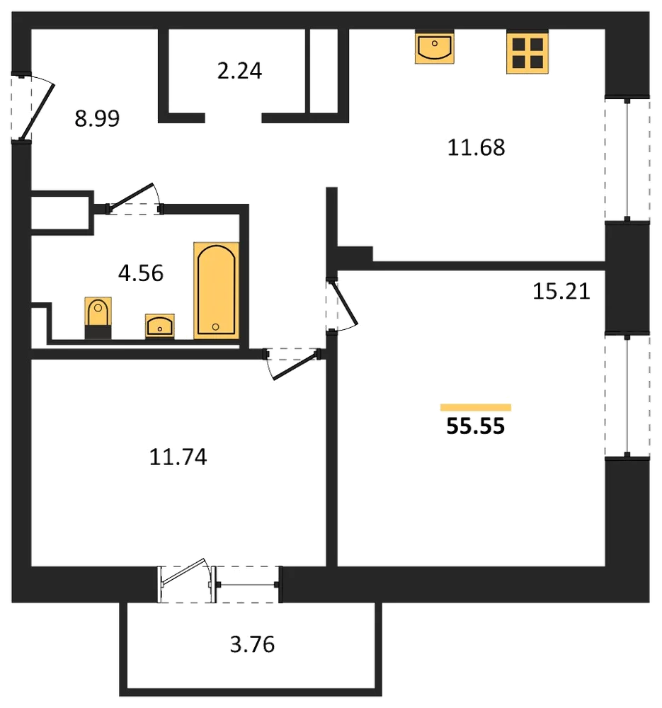 Планировка: 2-комн., 55,6 м²