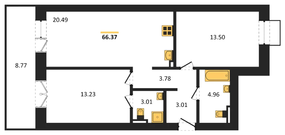 Планировка: 2-комн., 66,4 м²