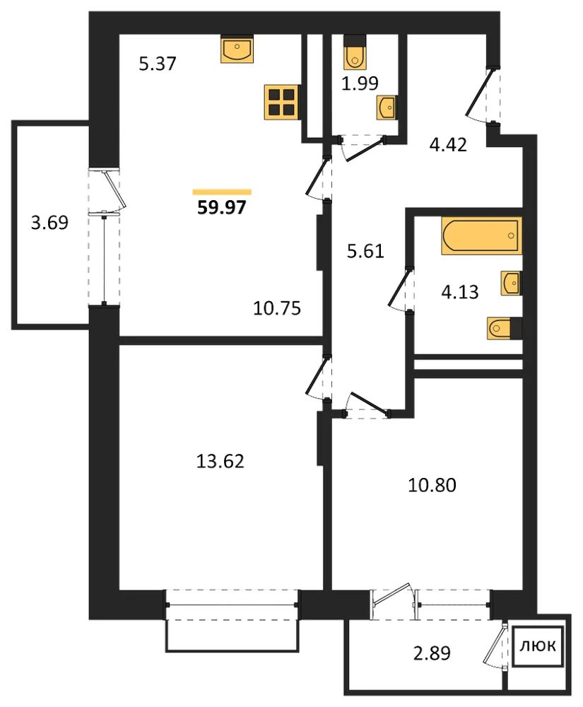 Планировка: 2-комн., 60 м²
