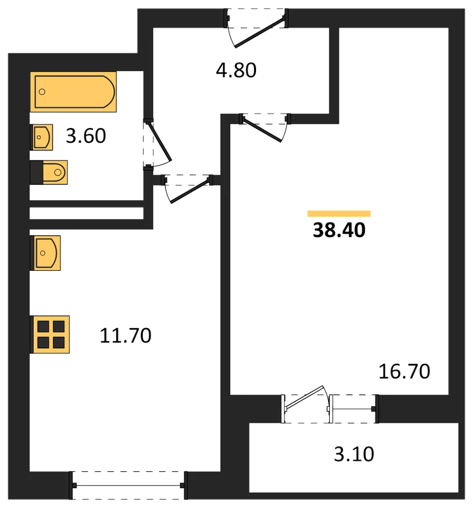 Планировка: 1-комн., 38,4 м²