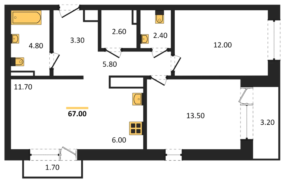 Планировка: 2-комн., 67 м²