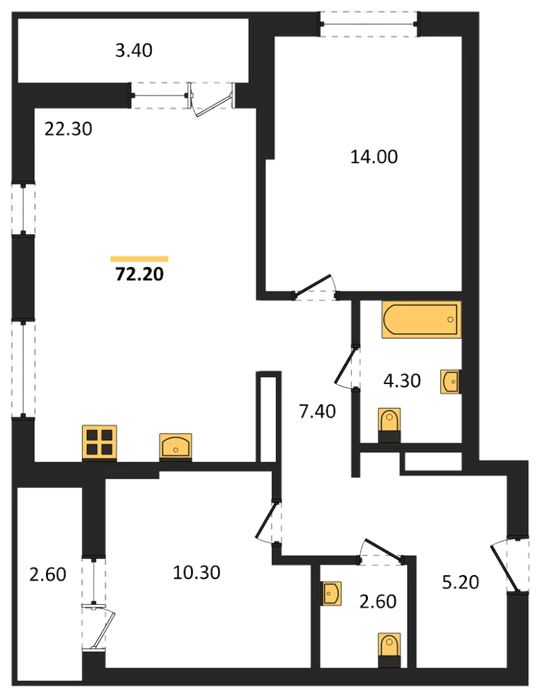 Планировка: 2-комн., 72,2 м²