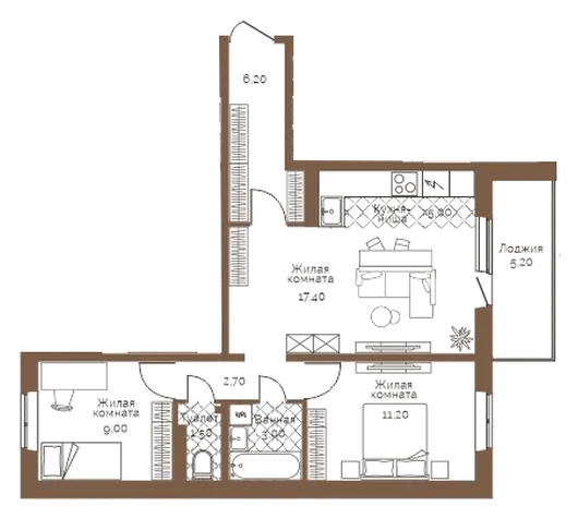 Планировка: 2-комн., 58,6 м²