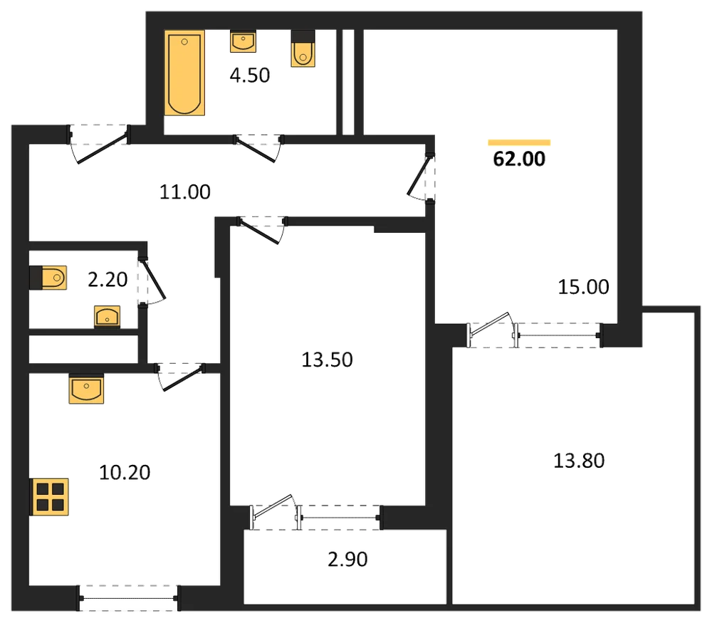 Планировка: 2-комн., 62 м²