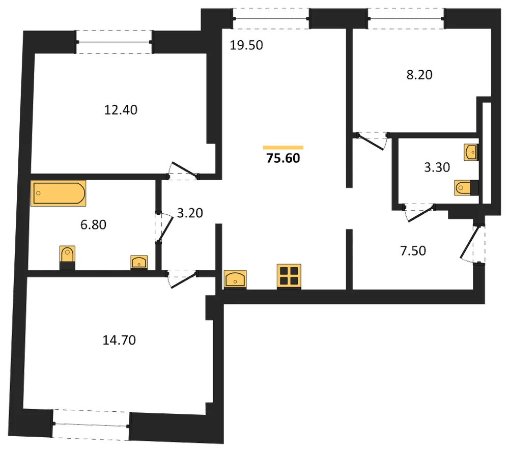 Планировка: 3-комн., 75,6 м²