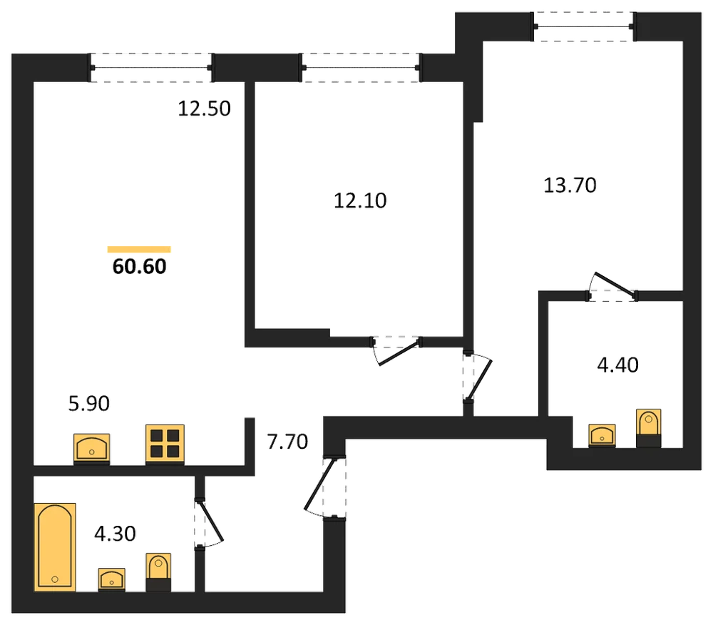 Планировка: 2-комн., 60,6 м²