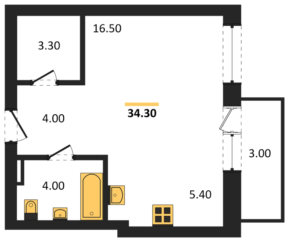 Планировка: Студия, 34,3 м²