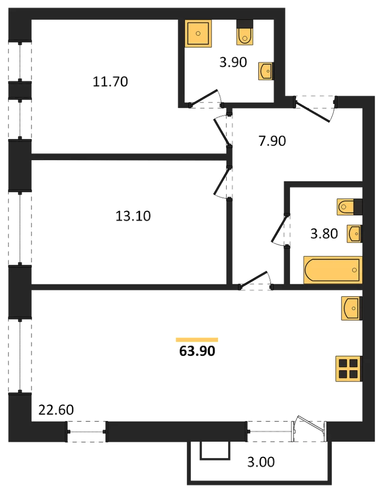 Планировка: 2-комн., 63,9 м²